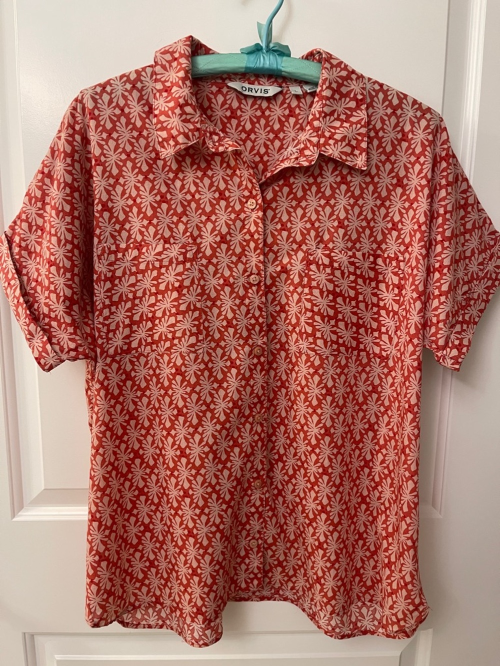 Orvis Coral and Cream Floral Short-Sleeve Blouse